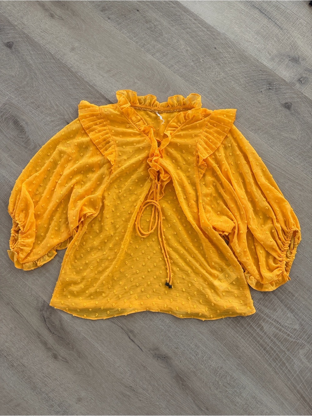 Anthropologie Haida Swiss Dot Ruffle Peasant Top Mango Yellow Size Small